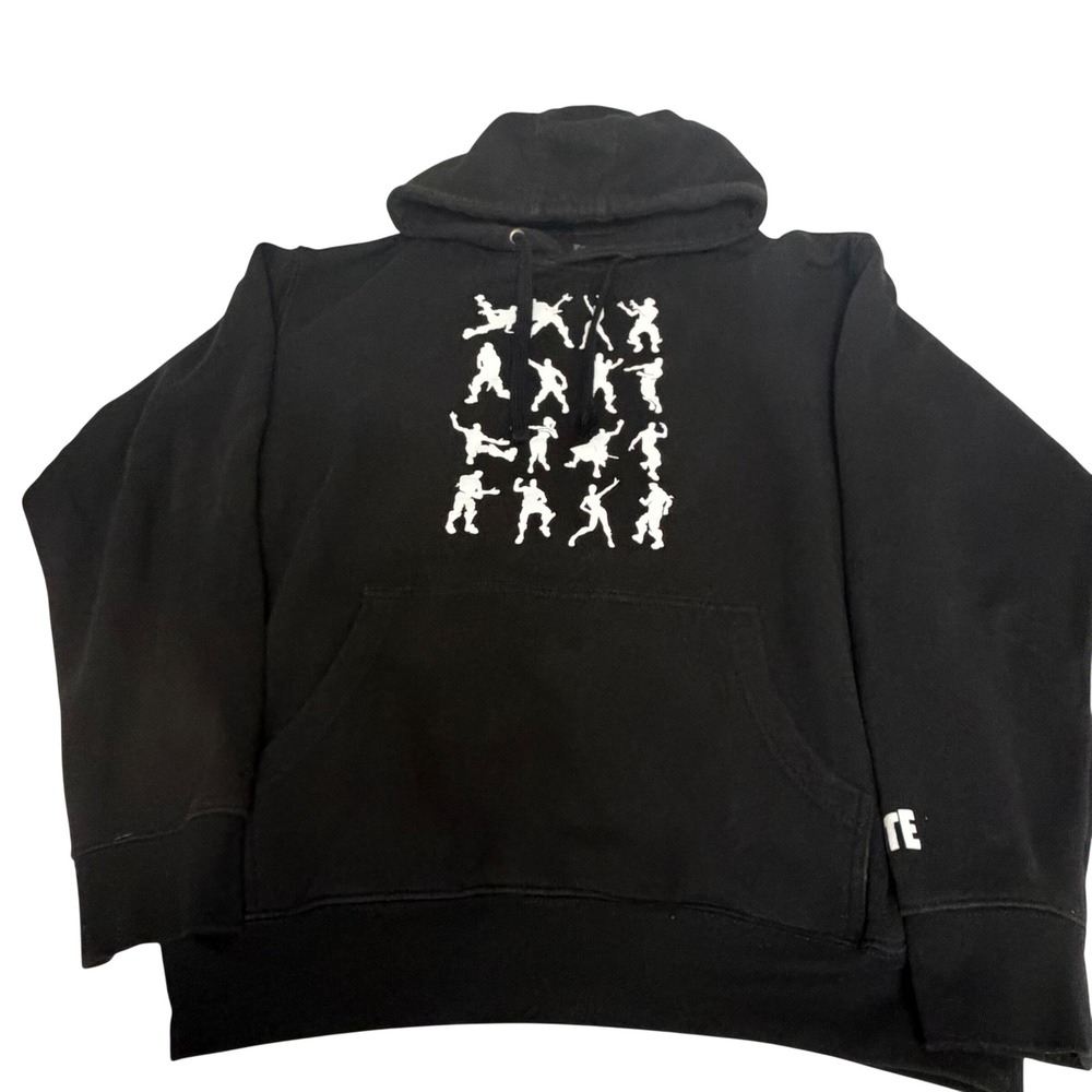 Fortnite Mens Black Graphic Hoodie Emote Silhouettes Pullover Sweatshirt Large